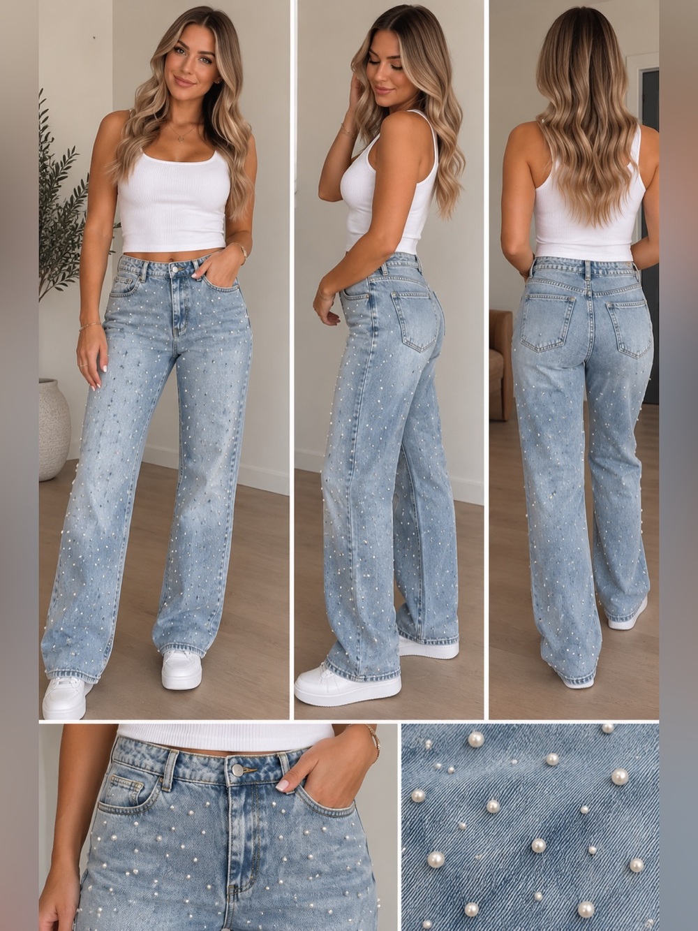 Vintage Y2K Style Studded Pearl Beaded Wide Leg Jeans Pants | No Brand